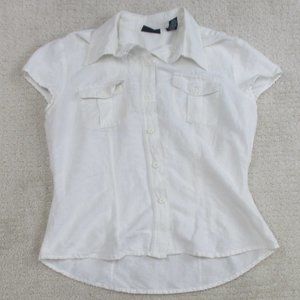NY&C Blouse Womens Medium White Linen Rayon Button Up Short Sleeve Sheer